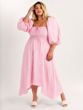 Baacal Colette Dress Women’s 22/24 Pink Puff Sleeve Midi NWT